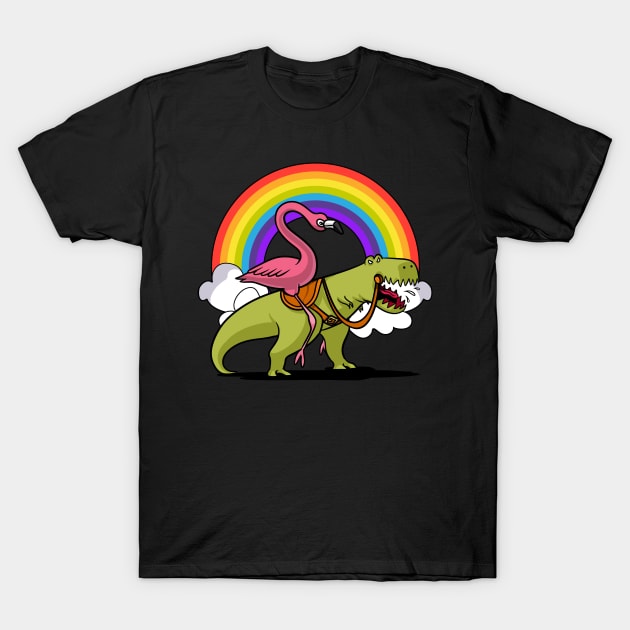 Flamingo Bird Riding T-Rex Dinosaur T-Shirt by underheaven